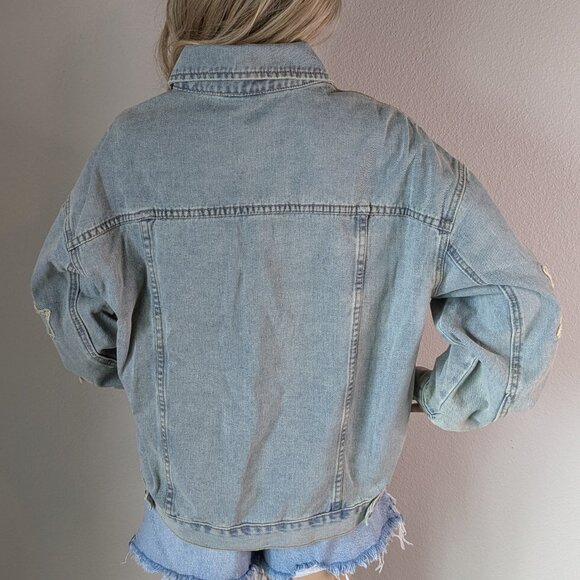 Savanna Jane Jean Jacket Women's Large Distressed Embroidered Pink Stars Sequins - Picture 3 of 16